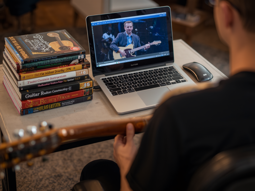 A man struggling to teach himself guitar