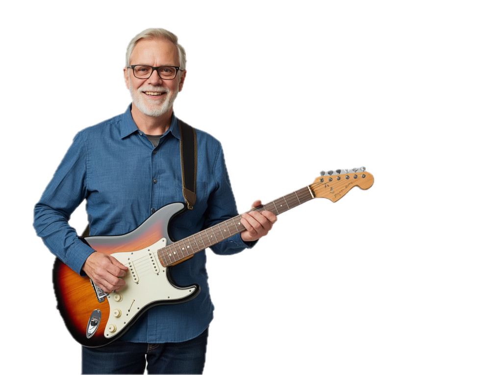 Man in his 60's having fun learning to play the guitar in Geauga County at Guitar Lessons Geauga