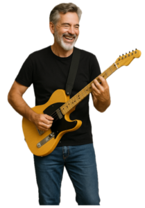 An older man smiling as he plays his guitar